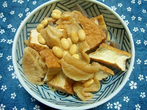 厚揚げと花切り大根と大豆の煮物